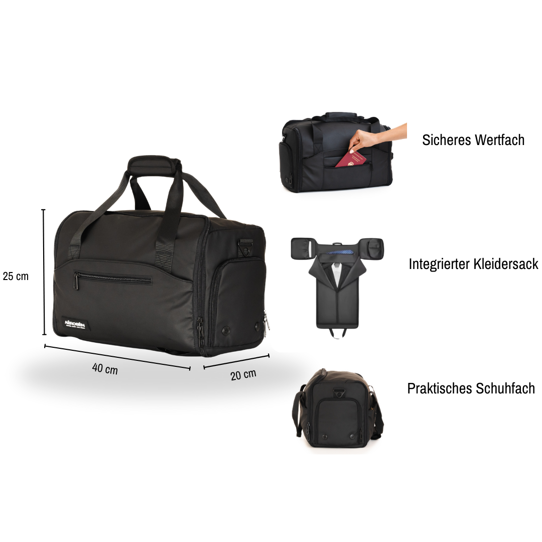 AÉROSÉN Cabin S Reisetasche – Handgepäck-kompatibel für Ryanair und andere Airlines, mit Wertfach, Schuhfach und integriertem Kleidersack