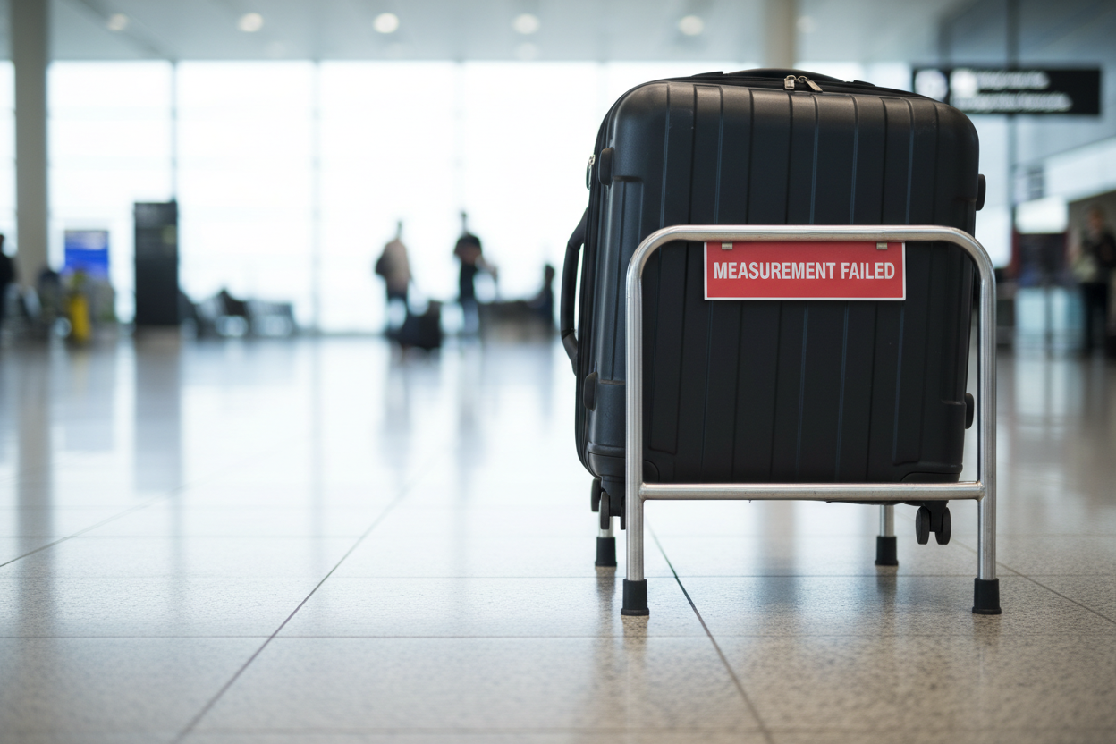 Handgepäck im Messrahmen mit Flughafenboden